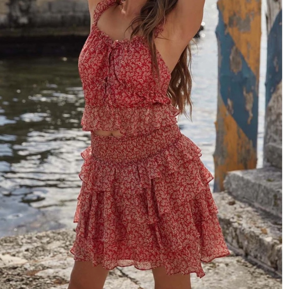Red Floral Patterned Skirt from TJD